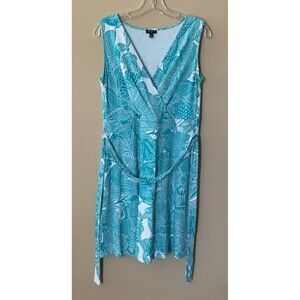 Talbots Woman Dress With Tie Sleeveless Size X Floral Turquoise White Stretch B2